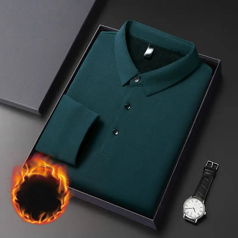 Plus Fleece Thicken Winter Men Long Sleeve Polo Shirts Turn-down Collar Loose Solid Color Smart Casual Chic All-match Tops 251203