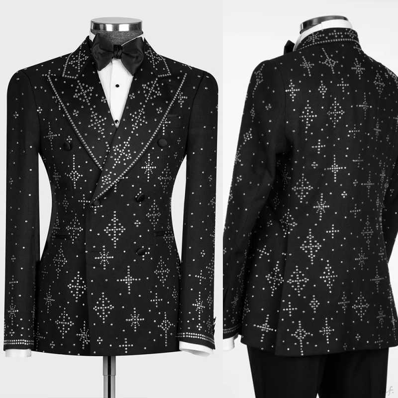 Luxe 2 pièces Blazer pantalon hommes costumes pointe revers bouton doré perles smoking mince mariage marié bal grande taille personnalisé