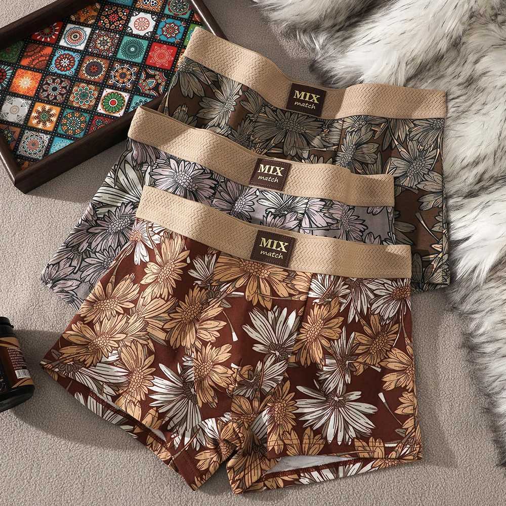 3PCS / Pack Vintage 100 coton imprimé floral hommes culottes hygroscopique respirant maille entrejambe sous-vêtements haute élastique caleçons X2