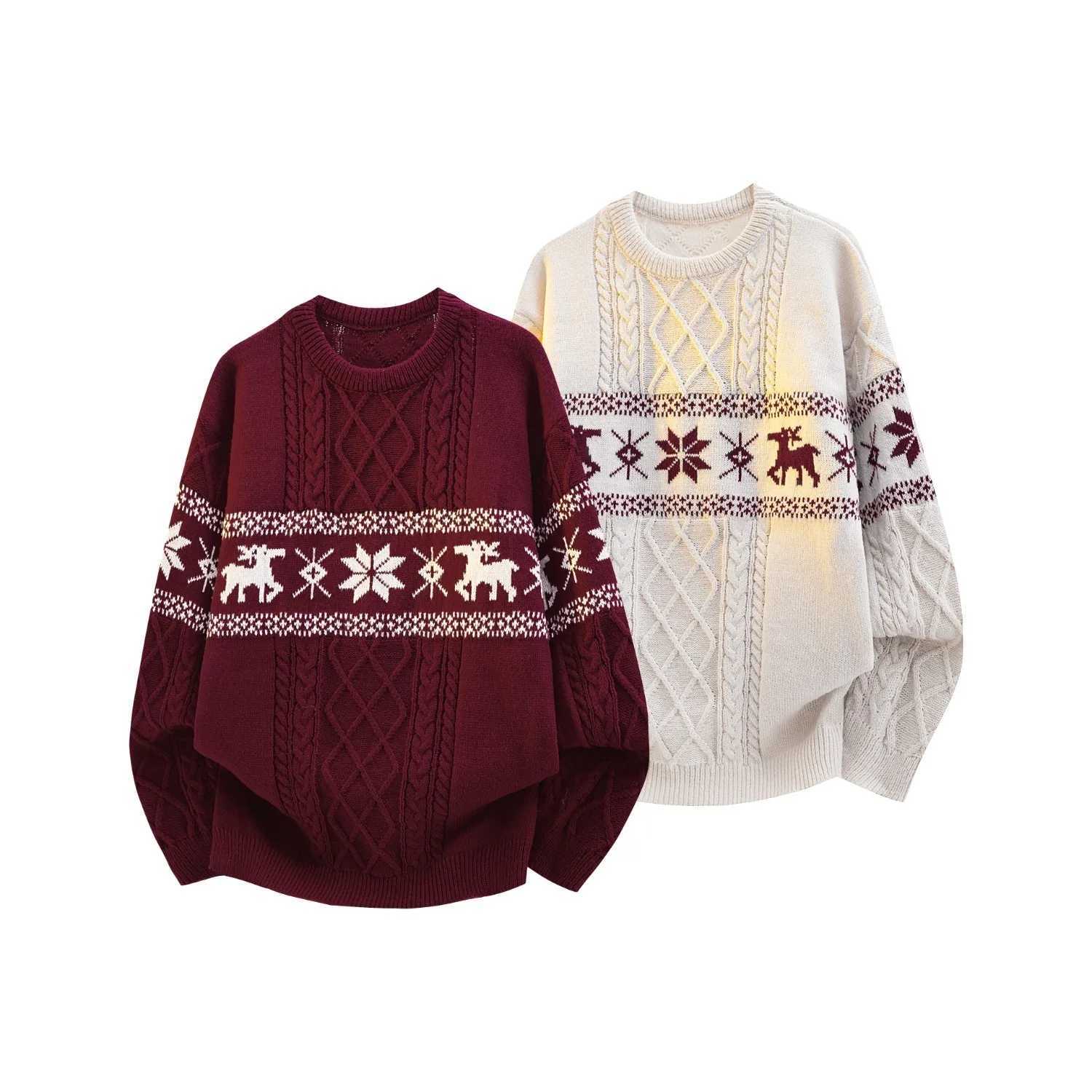 Retro Japanese Style Christmas Red Mens Knitted Sweater Winter Lazy Style Overhead Twist Knitwear Casual Crew Neck Top Couple W251205