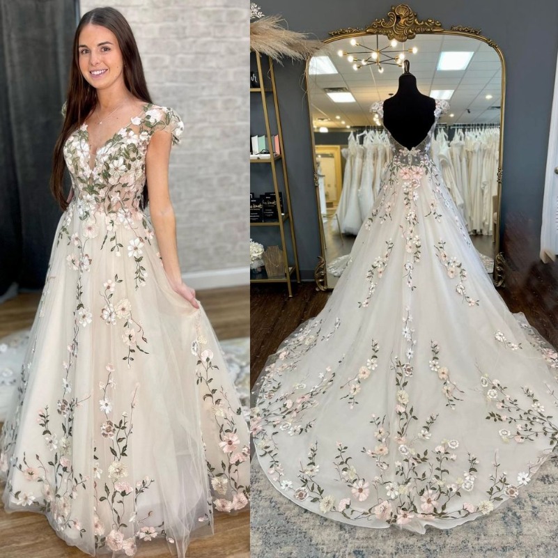 Robe de mariée en dentelle brodée colorée, manches cape, col en v plongeant, plage, jardin, château, extérieur, style Boho, robe de mariée, dos o