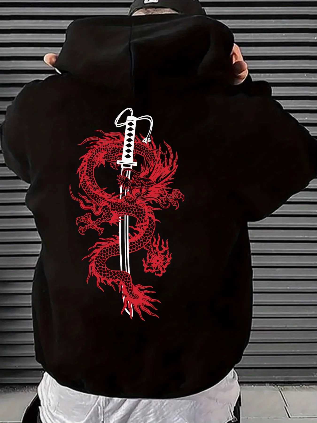 2025 Street Fashion Trend Mens Wear Personalized Geometric Dragon Print Hoodie Casual Style Comfortable Warm Winter SweaterXJ251205