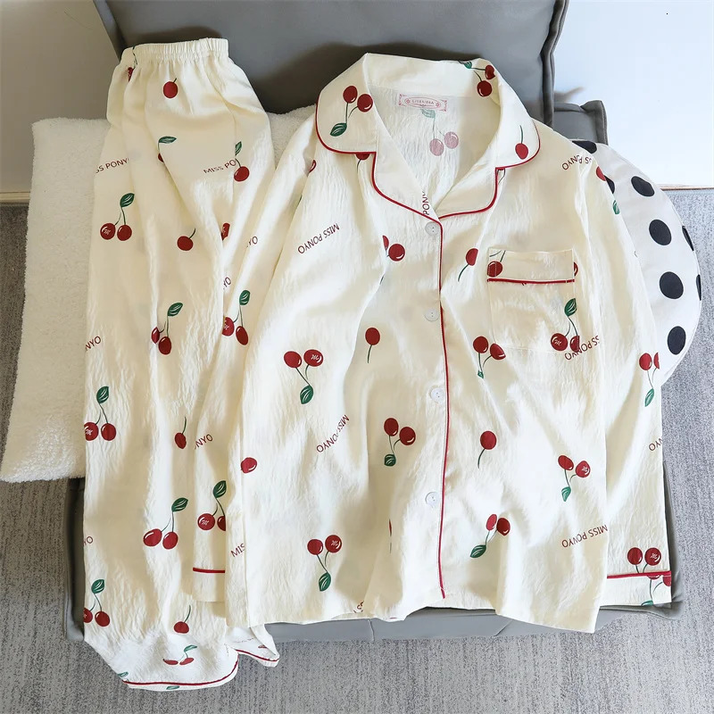 Cherries Print Two Pieces Pajamas Set Autumn Faux Cotton Korean Fashion Home Clothes Ladies Pants and Top Pijamas 251129