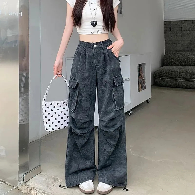 Jeans da donna Cargo Loose Fit Tasche multiple Autunno Inverno Streetwear Pantaloni larghi con stampa mimetica retrò americana sbiadita 251201
