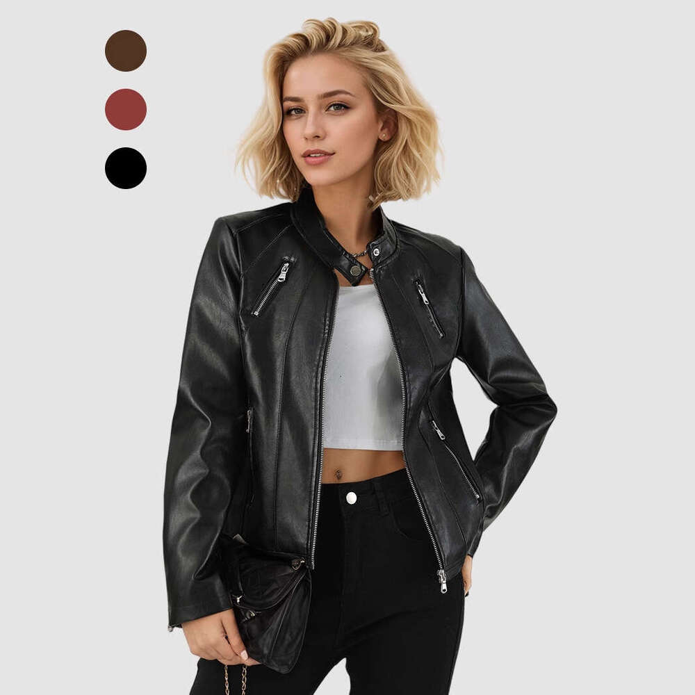 Cross-Border Fashion New Autumn Women's Stand Collar Slim Fit European And American Leather Jacket For Women B1