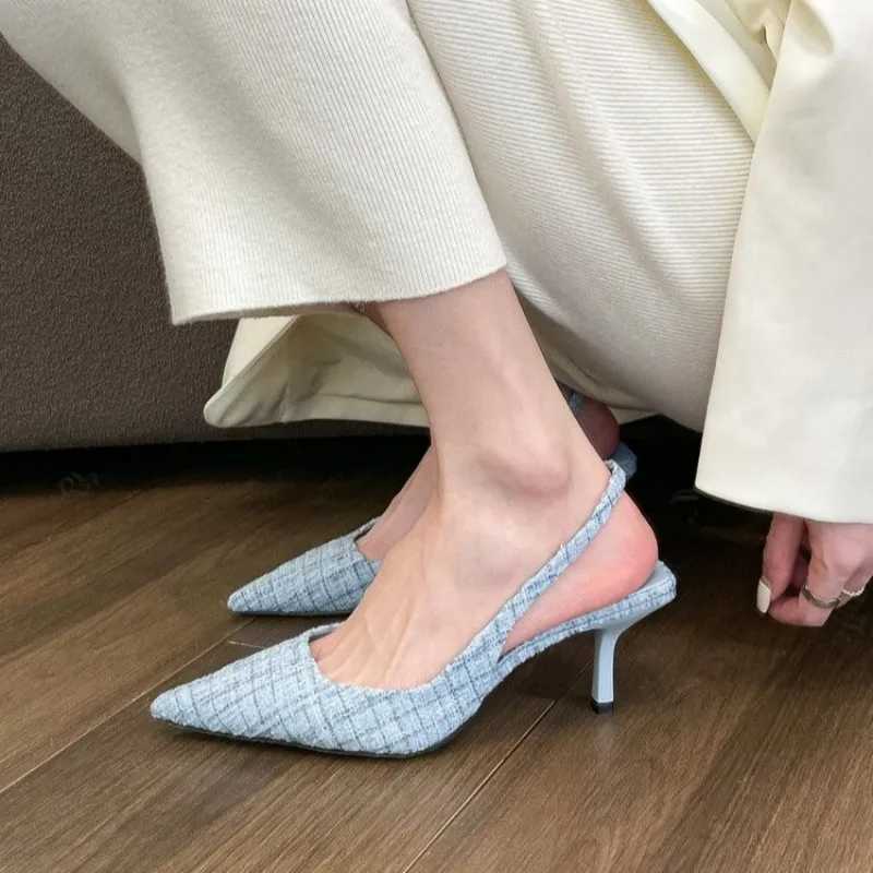 Nouveau luxe mer sel bleu pointu sandales à talons hauts pour les femmes dos creux demi-tête chaussures simples mode polyvalent chaussures décont