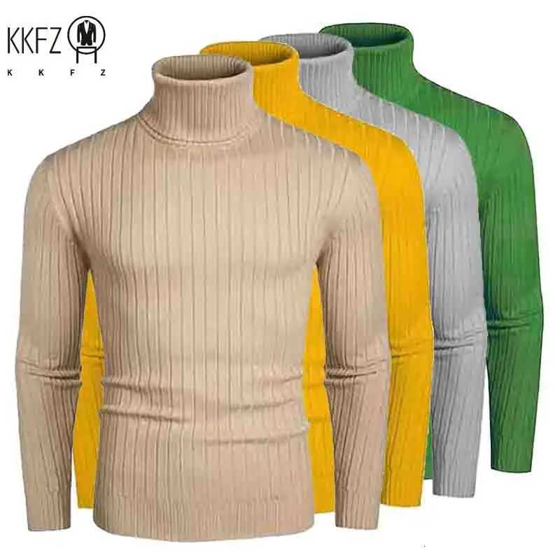 Autumn Mens High Quality Knitted Turtleneck Sweater Slim Fit Long Sleeve Anti-pilling Pullover Solid Color Trend Men Streetwea W251205