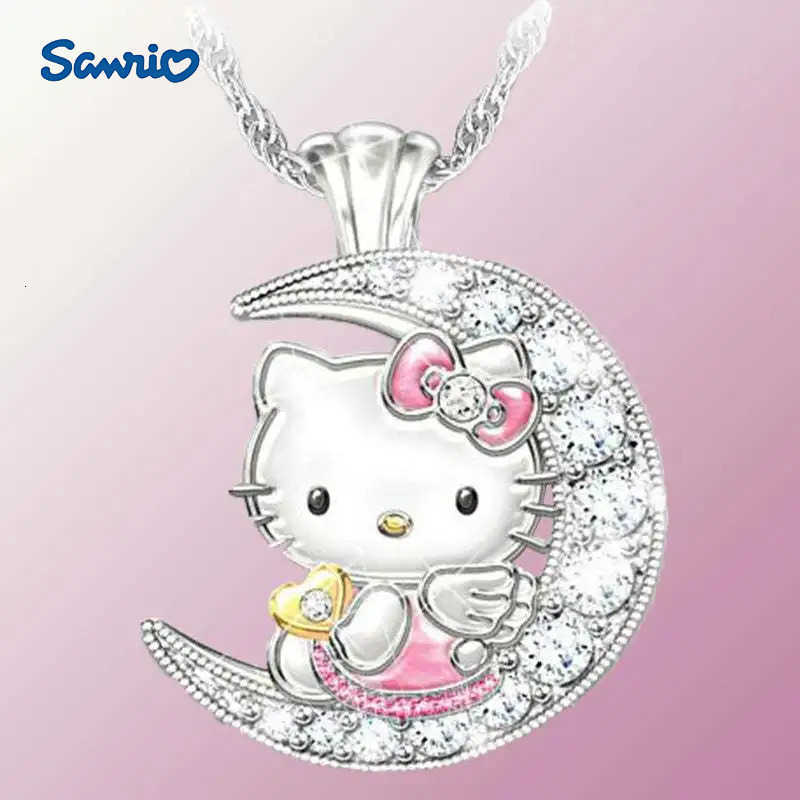 Sanrio New Hello Kitty Anime Alloy Cute Kawaii Creative Moon Style Kitten Necklace Cartoon Simple Children Pendant Holiday Gift H251205