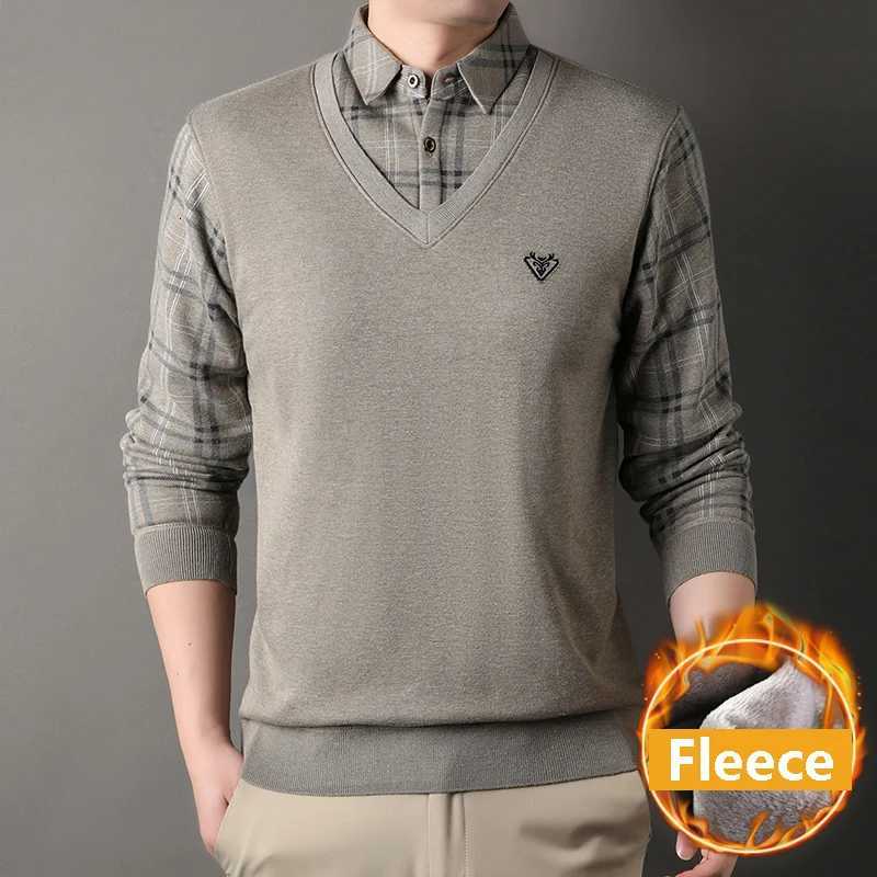 Hommes épais pull pull polaire doublé faux deux pièces tricots mode décontracté affaires pulls W251205