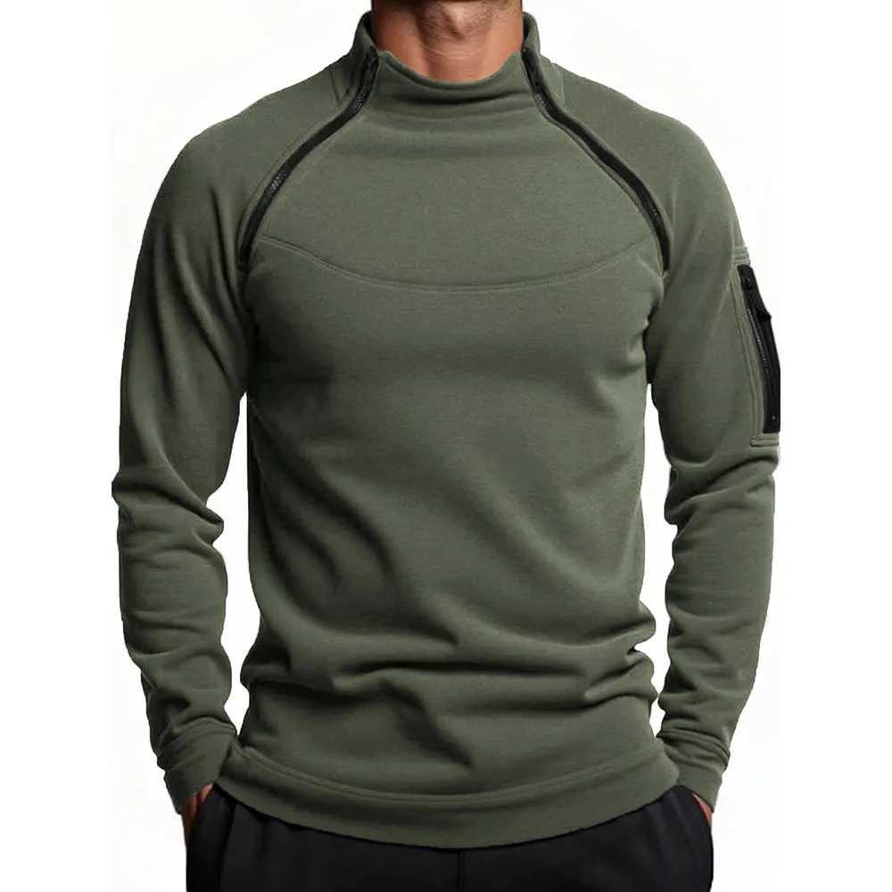 Autumn Winter Mens Polar Fleece Sweatshirt Outdoor Warm Tactical Double Zipper Stand Collar Top Casual Solid Color SweatshirtXJ251205