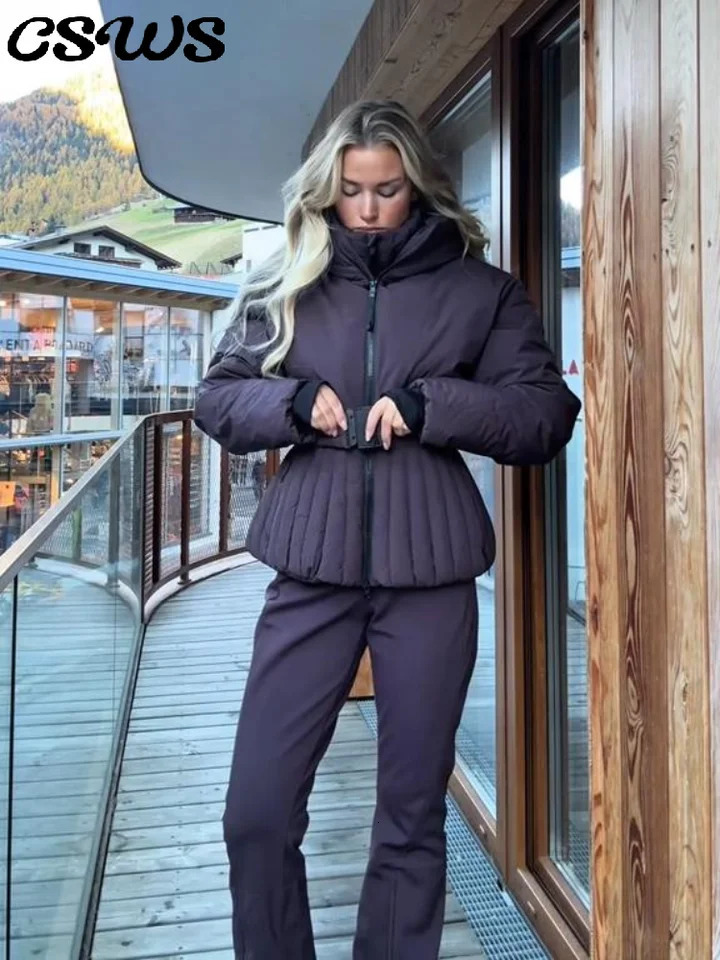 Fashion Cotton Belt Jacket Women Thicken Pleated Long Sleeve Stand Collar Zippers Female Outwear 2025 Winter Lady Ski Coats251201