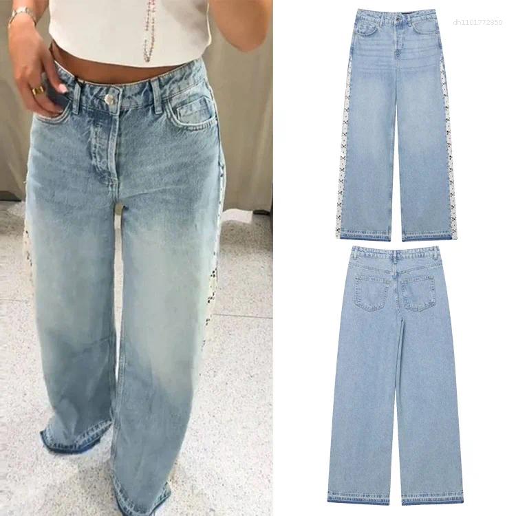 Women's Pants Lace Hollow Out Patchwork Jeans Pant Fashion High Waist Wide Leg Washed Blue Long Trouser Lady Autumn Vintage Denim