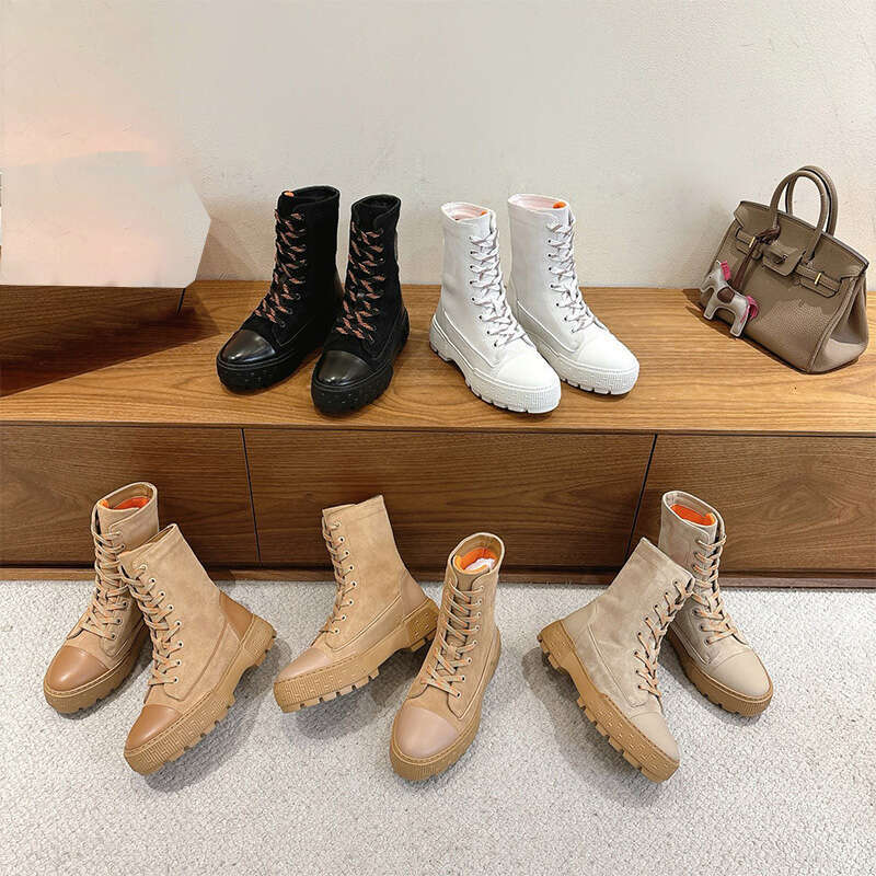 Womens Designer Ankle Boots-Leather Lace-Up PlatformRound Toe Winter Boots for Women