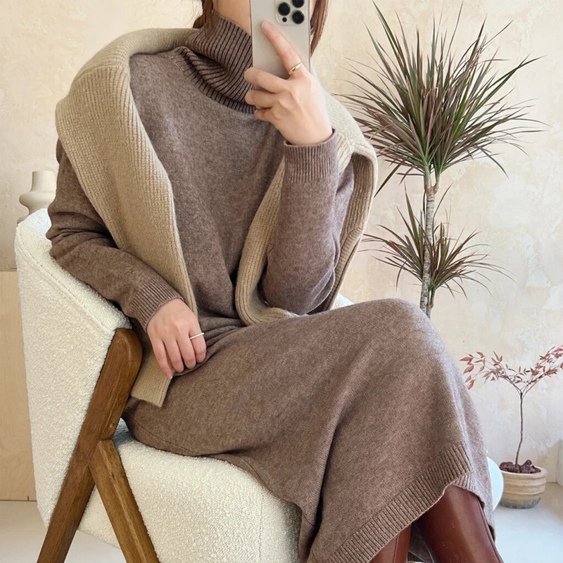 Autumn Winter Sweater Dress Women Japanese y2k Turtleneck Long Sleeve Thicken Loose Knitted Long Dresses 251203