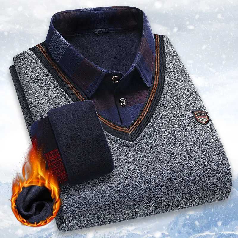 Vintage Plaid Sweater Pullover Men Thick Warm Knitwear Winter Autumn Clothing Patchwork Mens Fleeced Polo Collar Pullovers W251205