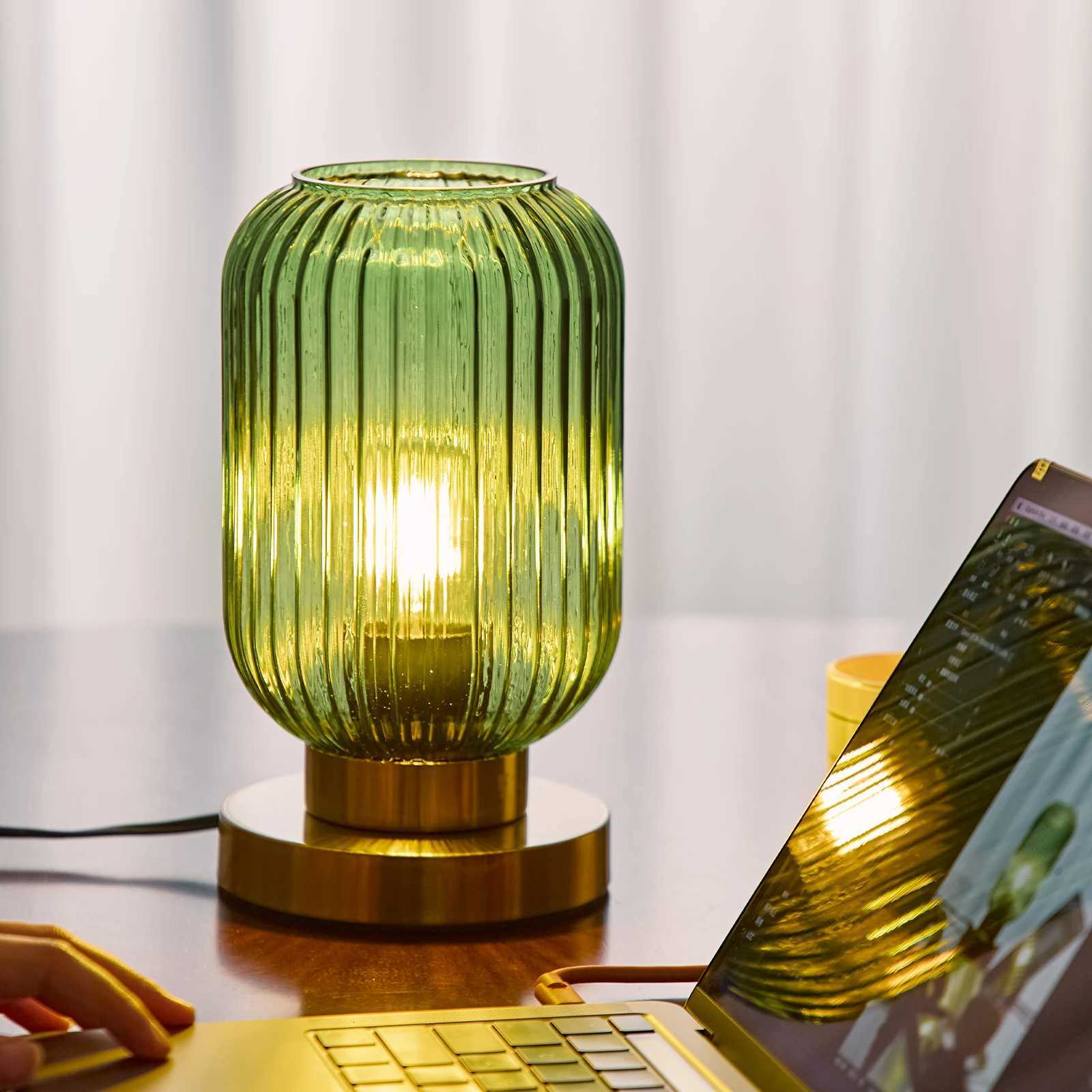 HSMKL Modern Ribbed Glass Table Lamps Mid Century Bedside Light Small Nightstand Lamp with Plug-in Style for Bedroom Living Room M251205