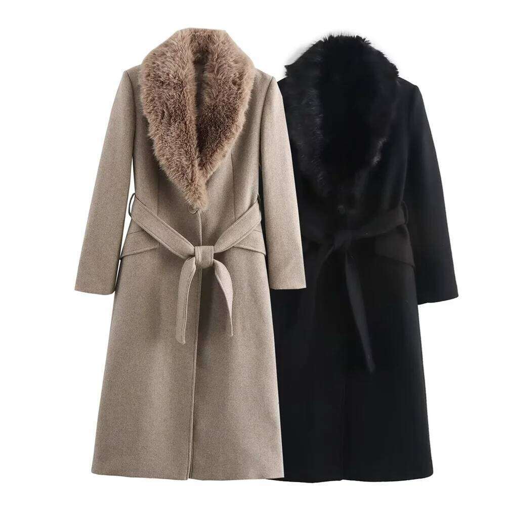 Ceinture manteau de fourrure chaud col rabattu poche bouton décoration automne/hiver vêtements pour femmes