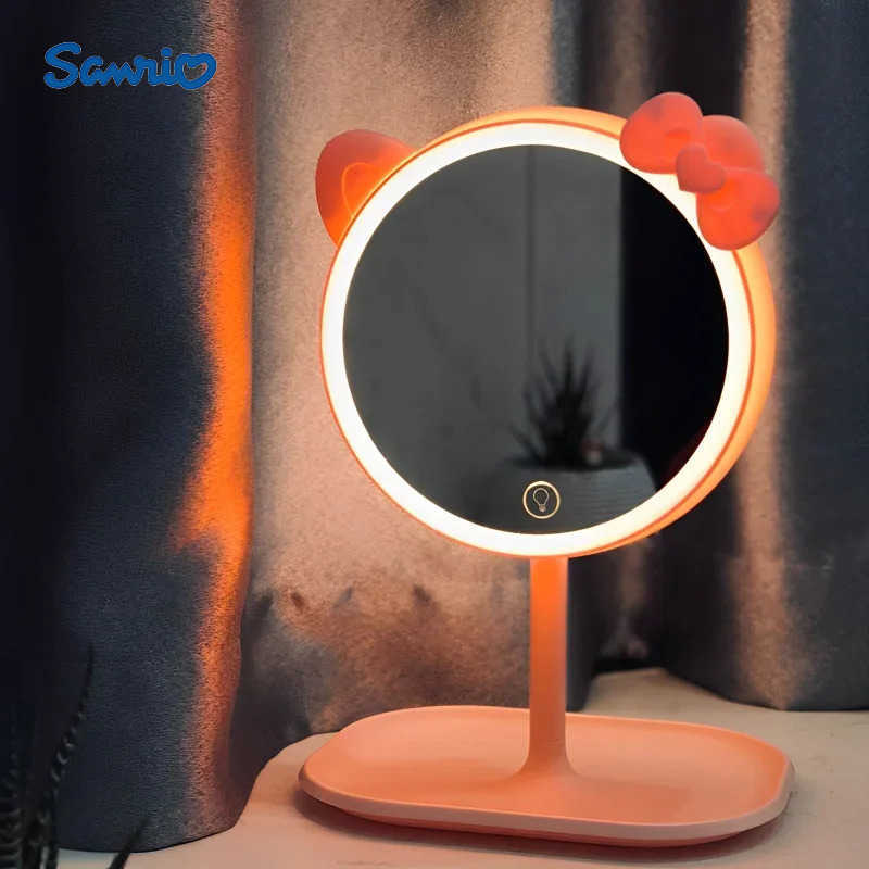 Sanrio Kawaii Hello Kitty Mirror Anime Cartoon Bedroom Makeup Mirror with Storage Tray Bedside Atmosphere Night Light Girl Gifts H251205-image-1087348160
