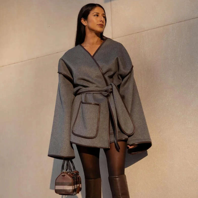 Vêtements d'automne européens et américains, autres manteaux courts, élégant, Vintage, gris, pardessus ceinturé pour femmes B1