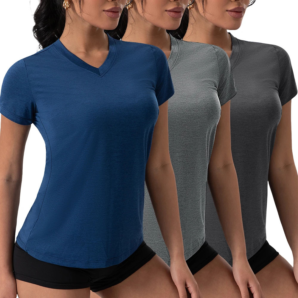 Summer Yoga Shirts for Women V-Neck Pleated Short Sleeve Sports Top Loose Solid Color Running Exercise Tee 5 Colors Gym Wear 251204