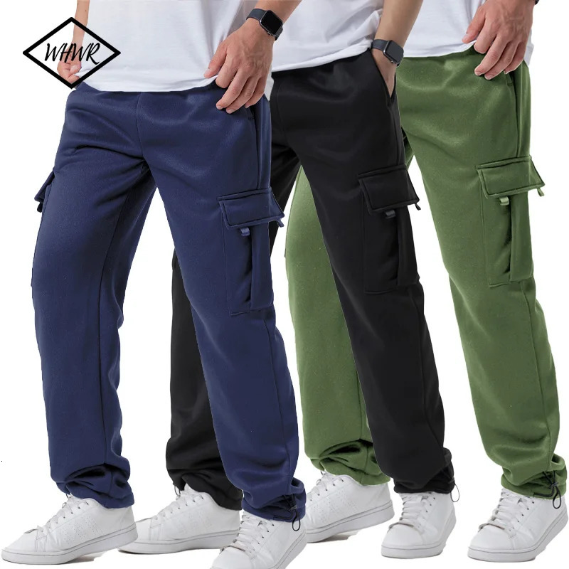 Pantalon de survêtement Baggy gris pour hommes, multi-poches, taille haute, cordon de serrage, maisons, Sports de plein air, jogging décontracté,