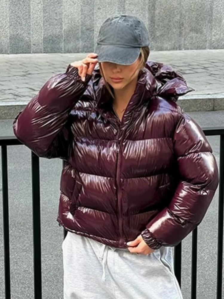 Casual Womens Puffy Hooded Cotton Coats Stand Collar Zipper Long Sleeve Warm Coat 2025 Autumn Lady Street Chic Down Jacket251201