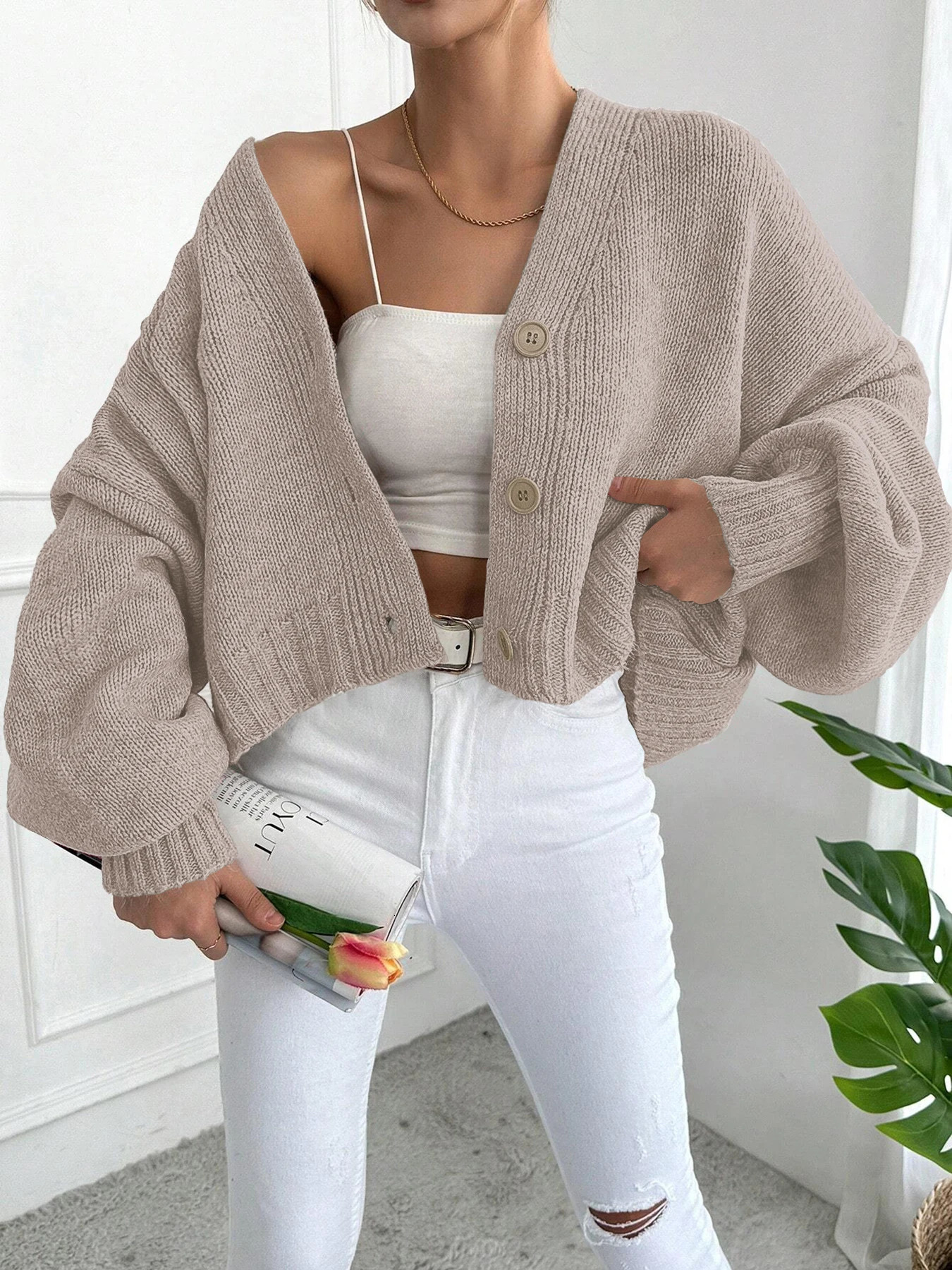 Womens Autumn Winter Knitted Sweater Cardigan Batwing Sleeve Drop Shoulder Button Loose Fit Pullover Casual Fashion for Ladie 251204