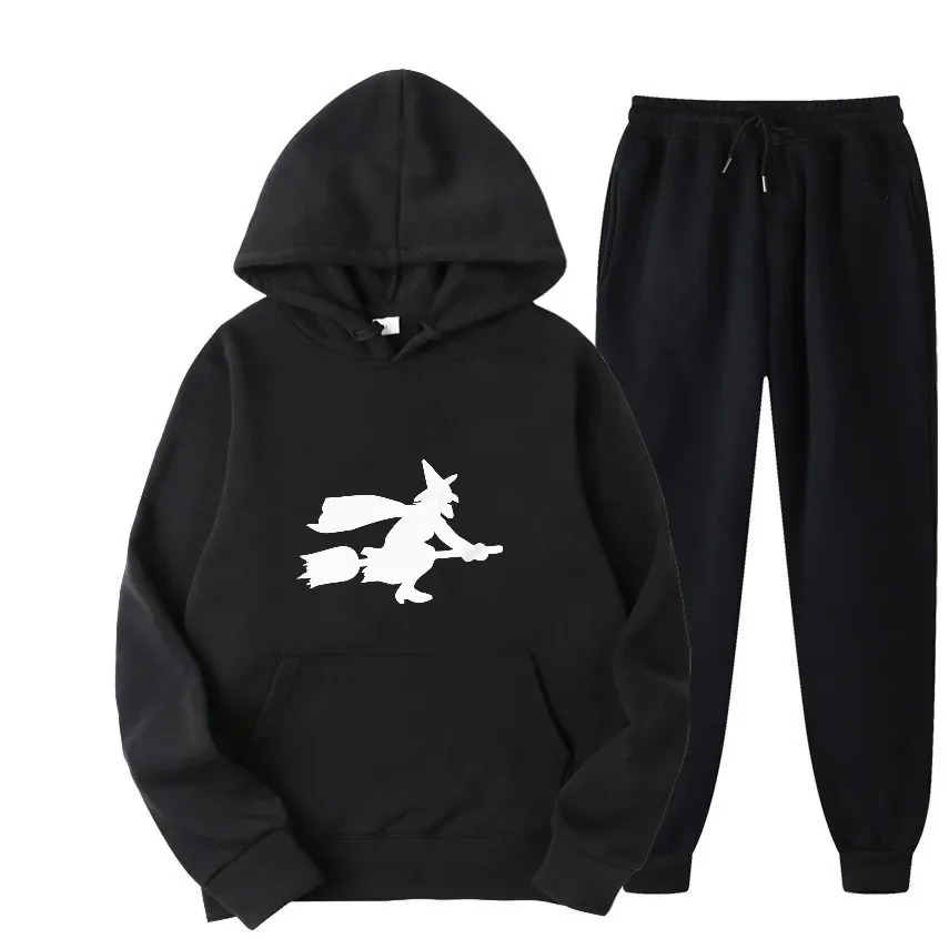 2025 Witch riding a broom graffiti print suits Spring And Autumn Man Hoodie Sweatshirts Casual Comfortable Trendy Mens Wear set 251129