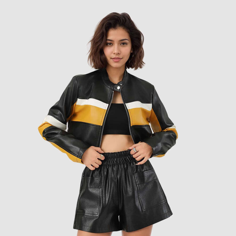 PU Color Block Stitching European And American Sexy Stand Collar Slim Fit Short Trendy Motorcycle Leather Jacket For Women B1
