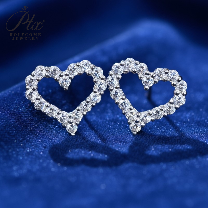 All Moissanite Earrings for Women Heart Shape S925 Sterling Silver with Gold Plated Earring Wedding Party Fine Jewelry