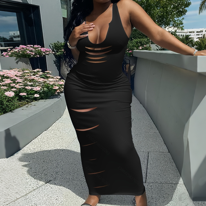 Urban Sexy Dresses Women's Black Sleeveless Cutout Maxi Dress: Deep V Neck Bodycon Party Club Evening Gown X9133