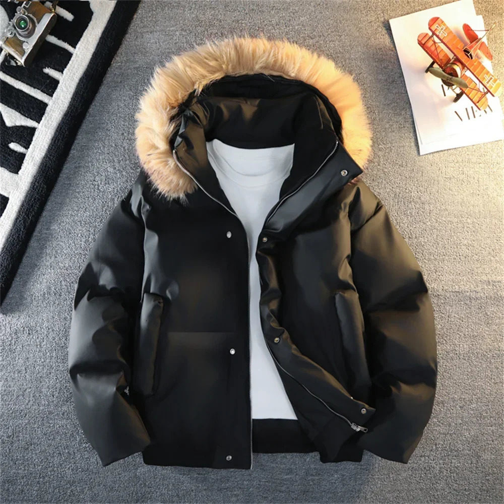 Winter Down Puffer Overcoat Men Fur Collar Soft Leather Parkas Mens Windproof Padded Coat Streetwear Mens Outdoor Parka Jacket 251203