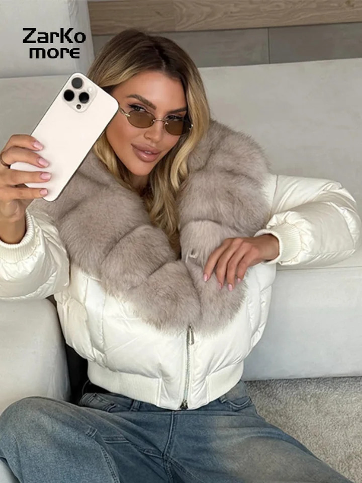 Fashion Faux Fur Patchwork Cotton Coat Women Lapel Zipper Pocket Cropped Street Warm Jacket 2025 Winter Lady Puffer Jackets 251201