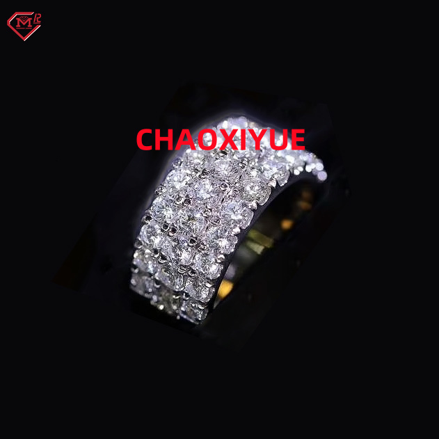 Wholesale Moissanite Ring Men 3 Rows Pass Test Diamond Pave Setting Hiphop Eternity Band 925 Silver Moissanite Ring