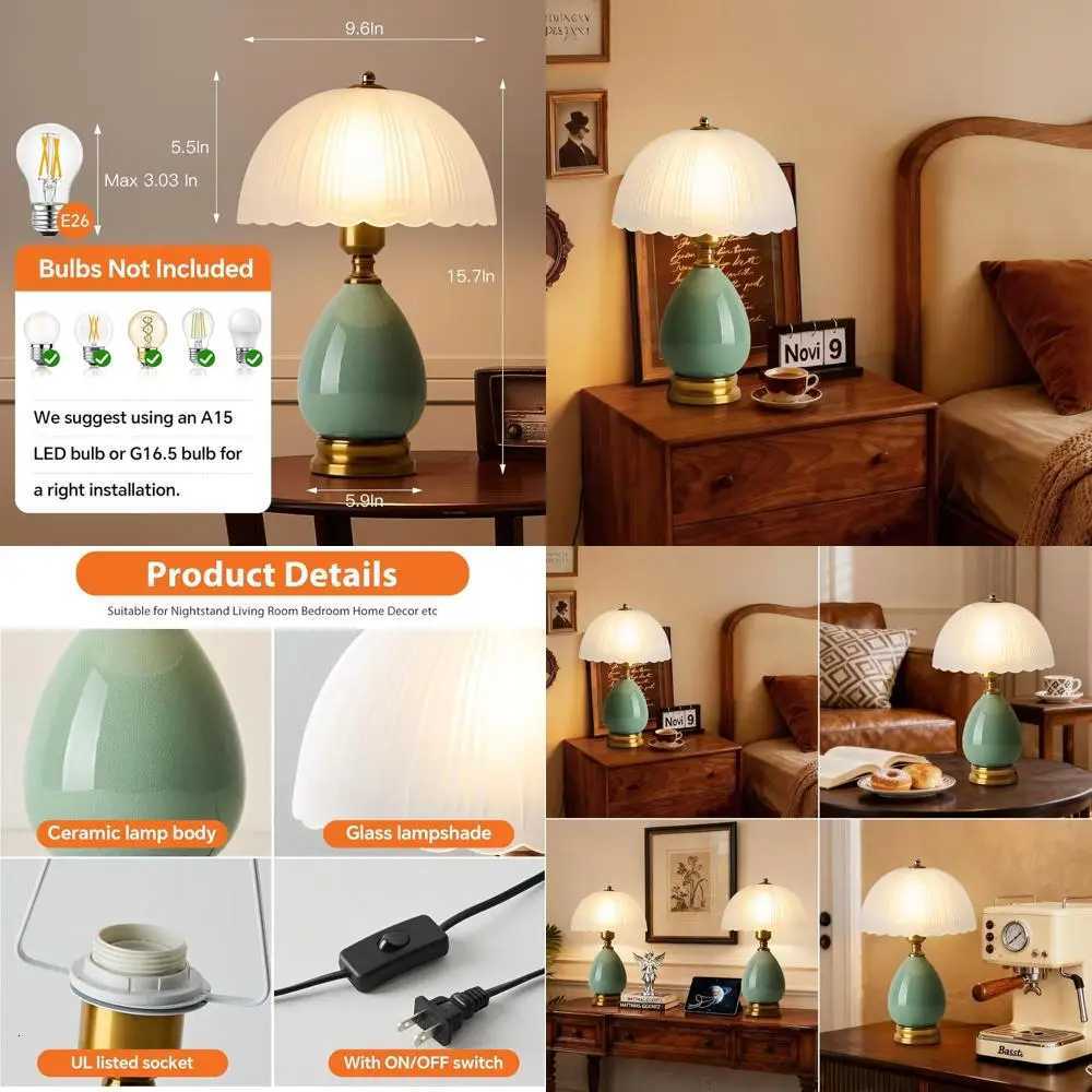 Modern Green Mid-Century Retro Glass Mushroom Desk Lamp Set of 2 for Nightstand Bedroom Living Room Home Decor M251205
