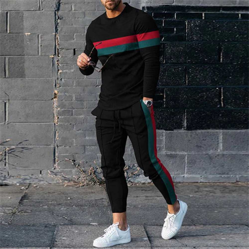Survêtement pour hommes Casual 3D Imprimer 2 pièces Ensembles T-shirt à manches longues Pantalons 2pcs Set Tenues de mode Sports surdimensionnés