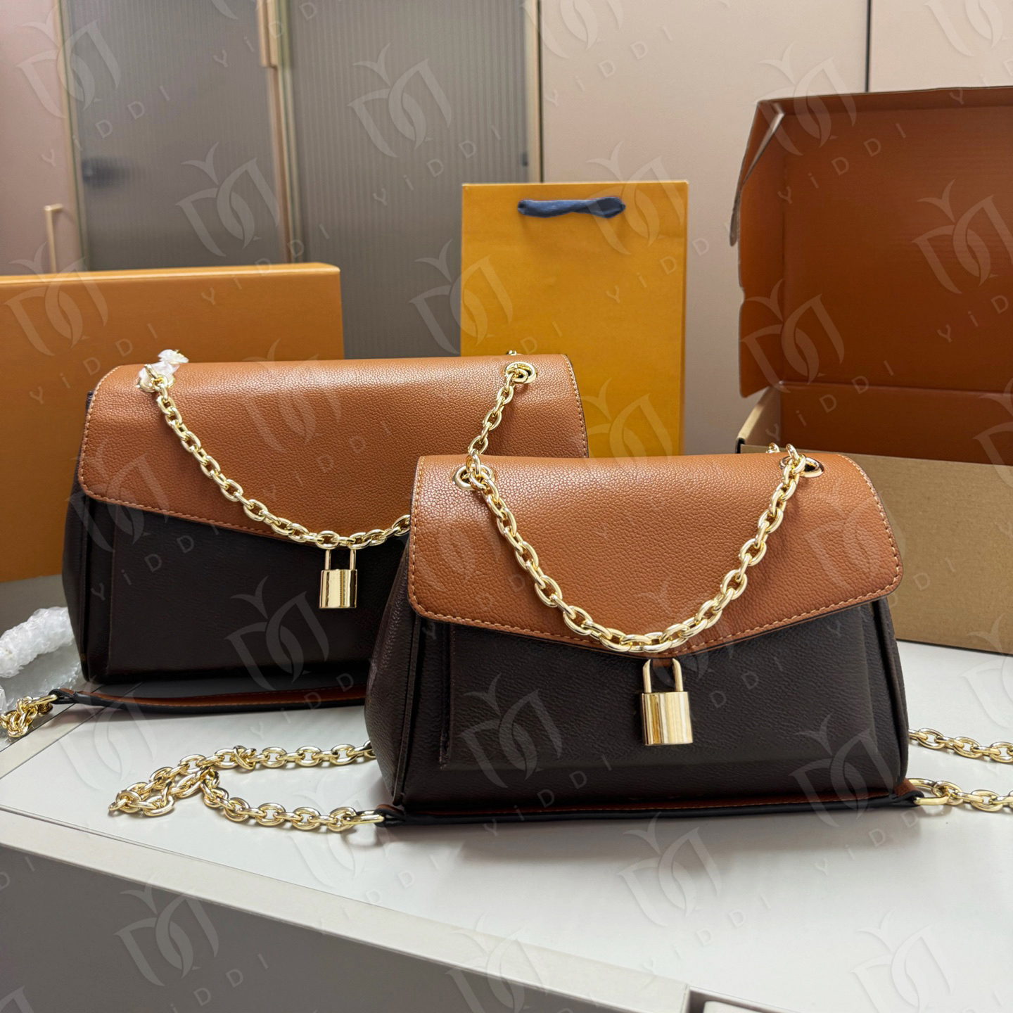Designer Monogram Canvas Envelope Flap Handbag Women Vintage Print Crossbody Shoulder Purse Gold Padlock Colorblock bag Brown Print Luxury Messenger