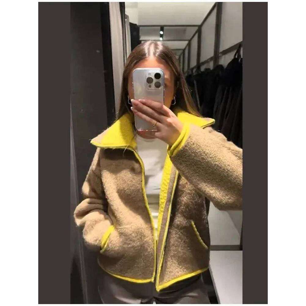 Blocage tricoté recadrée Cardigan femmes mode revers manches longues poches zippées lâche court pull dames hiver quotidien porte Md1205
