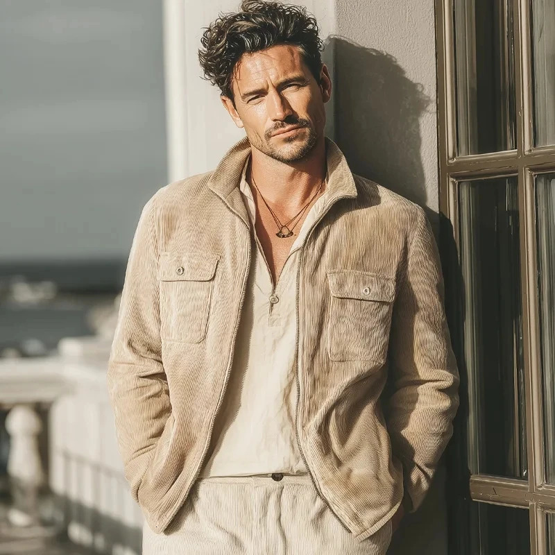 Veste d'automne en velours côtelé pour hommes, vêtements de travail décontractés et rétro, chemise haute, style ample, 251204