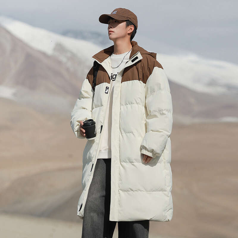 Manteau à capuche mi-long pour hommes et femmes, nouvelle marque tendance d'hiver, manteau en coton épais et chaud, veste ample de Couple à blocs