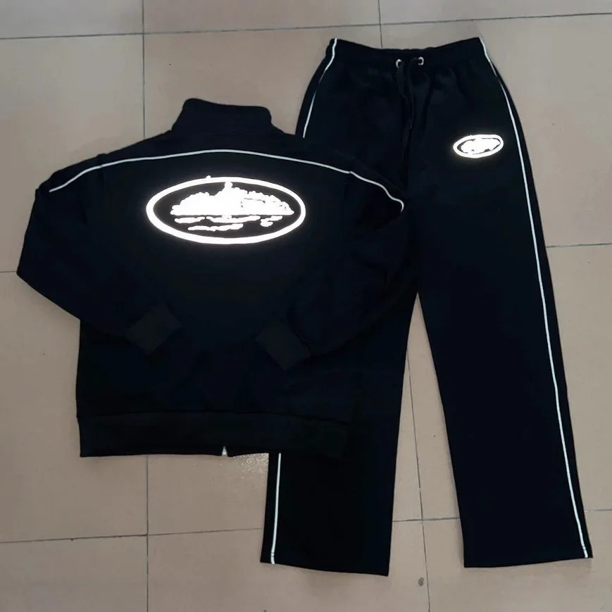 Autumn Winter Reflective Letter Series Devil Island Zipper Hoodie Pants Mens Clothing Set High Visibility Sports Jacket 251204