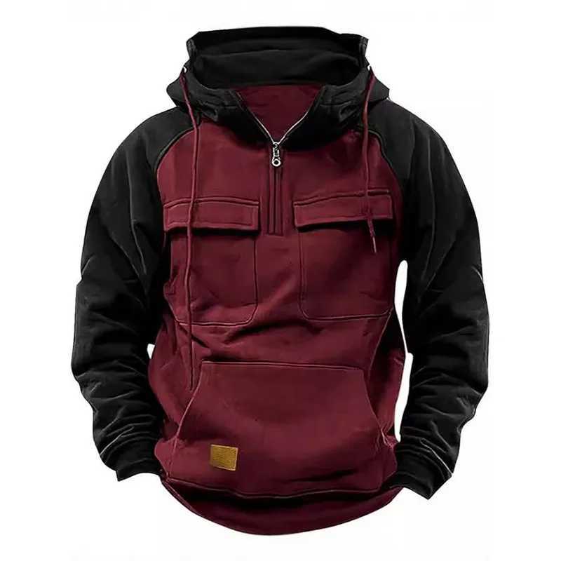 Mens Autumn/Winter New Style Hooded Pullover Sweatshirt with Zipper Loose Fit Multiple Pockets Pure Color European/AmericanXJ251205