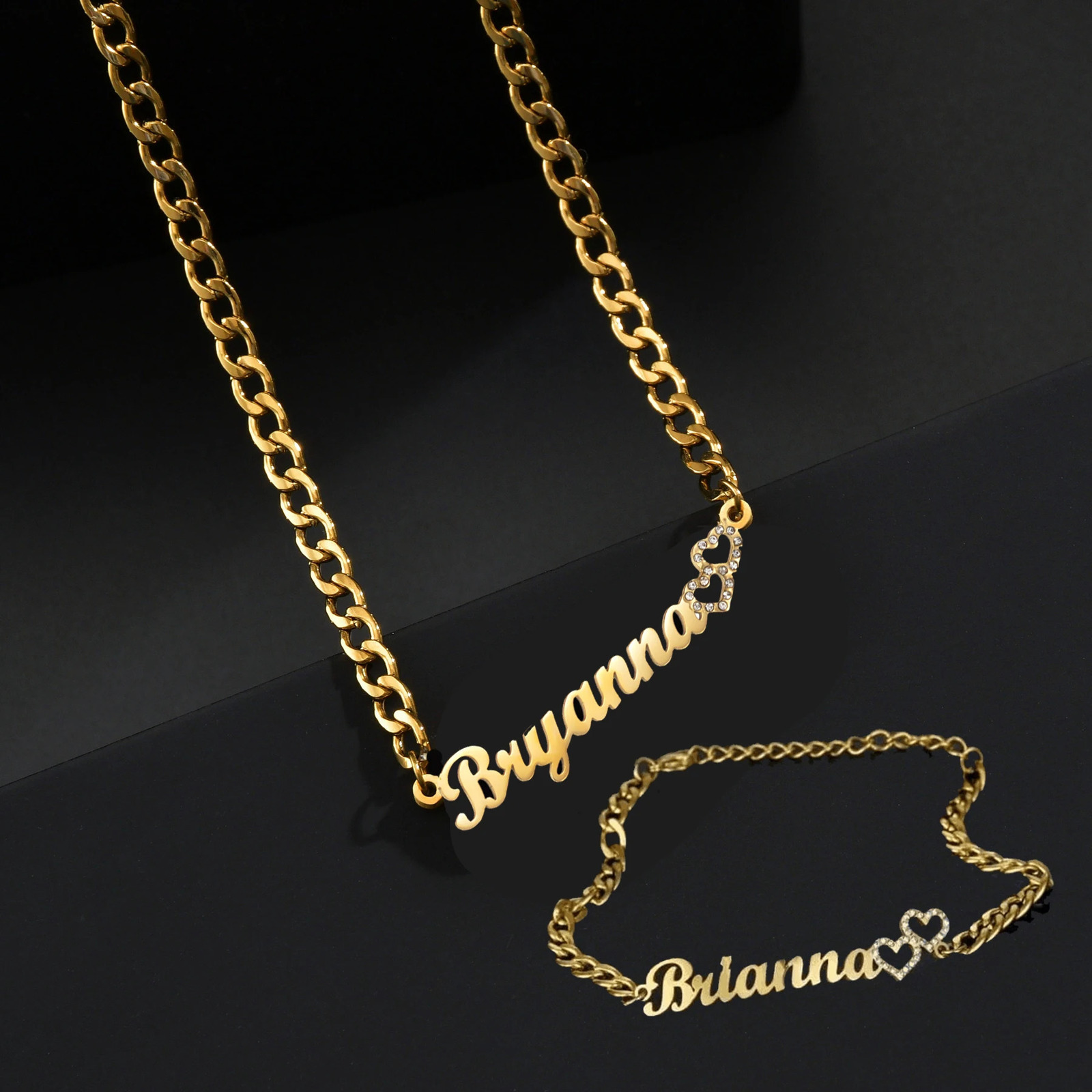 Acheerup Custom Name Necklace Bracelet for Womens Set Stainless Steel Personalized Zircon Heart Thick Chain Pendant Jewelry 251202