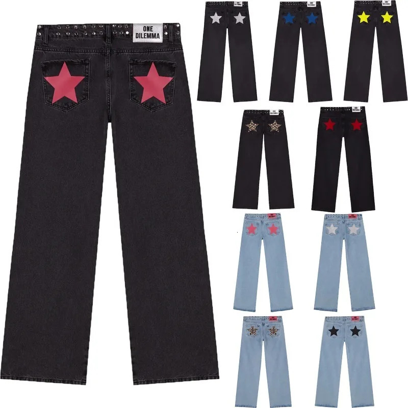 Y2K Jeans da donna a gamba dritta Personalizzati Lucky Star Texture Jeans larghi retrò Jeans alla moda a vita bassa con chiodo in salice High Street