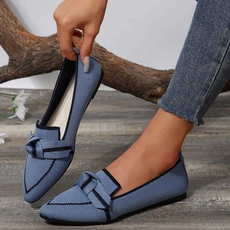 New Womens Knitted Slip on Flats Breathable Comfortable Solid Color Walking Shoes Casual Pointed Toe Walking Sneakers Loafers W251205