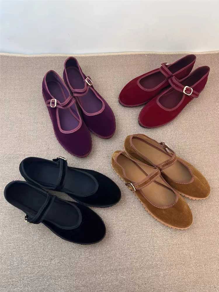Velvet Mary Jane Shoes for Women Hand Stitch Casual Streetwear Ballet Flats Pumps Female Solid Color Red Cloth Shoes Loafers W251205