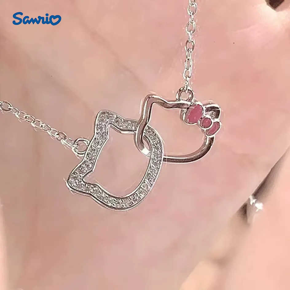 Sanrio Cartoon Hello Kitty Necklace Pendant Kawaii Double Ring Clavicle Chain Girlfriend Charms Clasped Anime Chain Jewelry Gift H251205