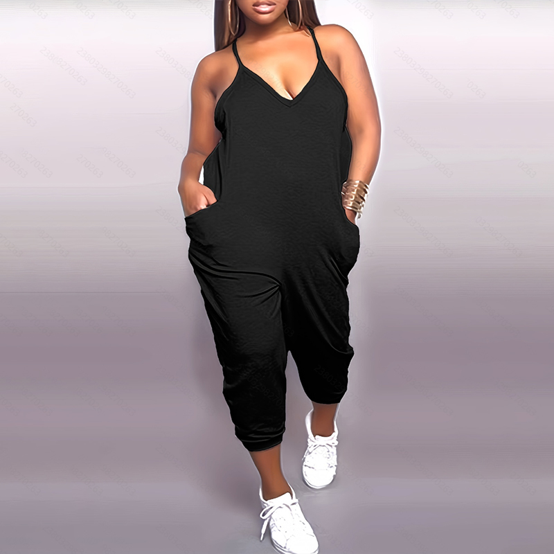 Combinaisons pour femmes Barboteuses Combinaison noire sans manches à bretelles spaghetti pour femmes: Coupe ample Pantalon à revers 3/4 Barboteu