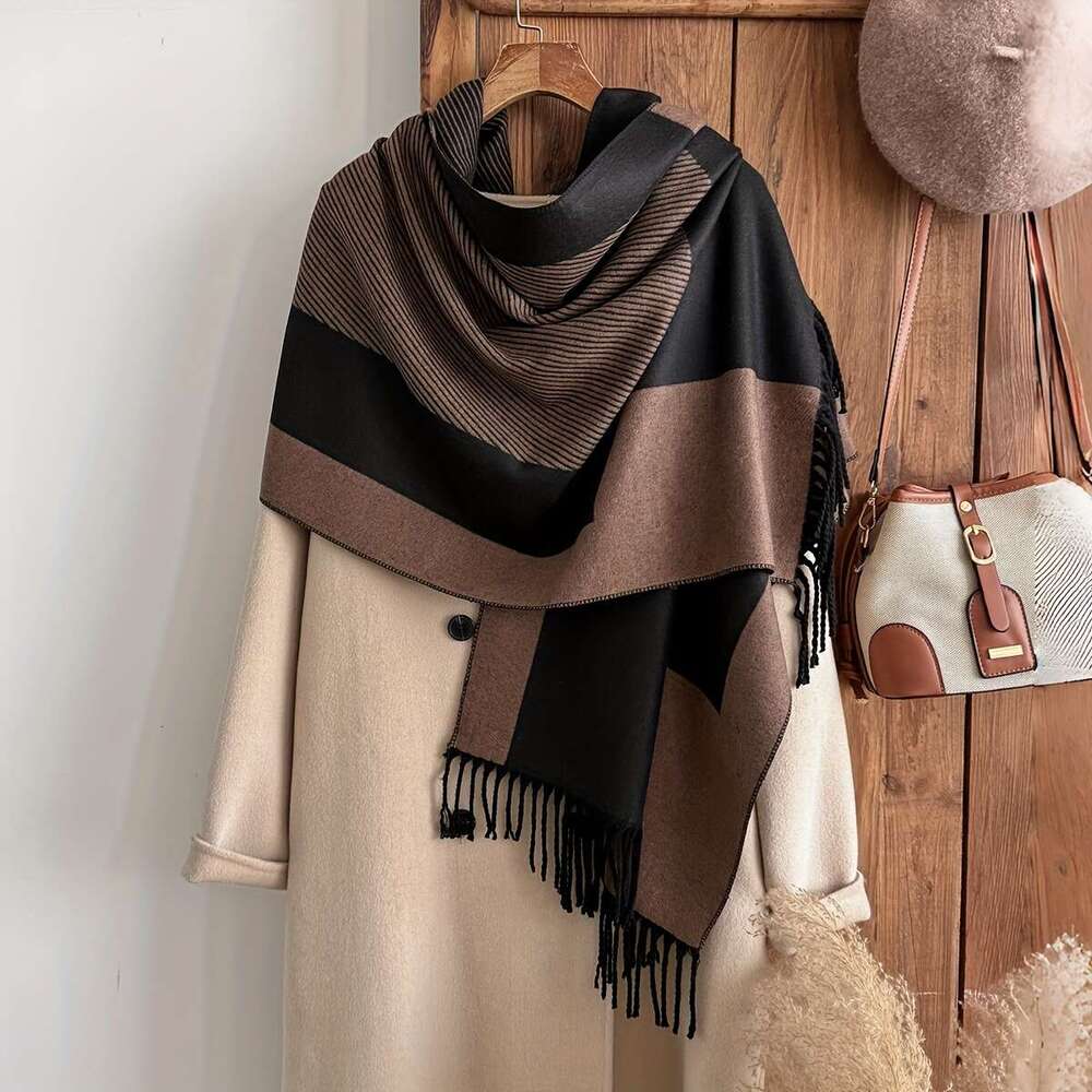 Écharpe à franges pour femmes, châle, col poncho d'hiver doux et chaud avec franges à pampilles, bloc de couleur élégant beige/marron/noir/blanc