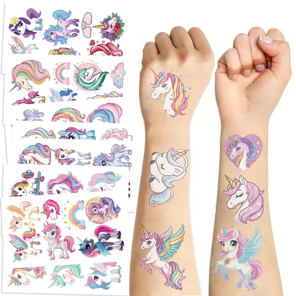 10/14 feuilles autocollants de tatouage licorne scintillante pour décoration personnalisée tatouages temporaires pour enfants enfants 251126